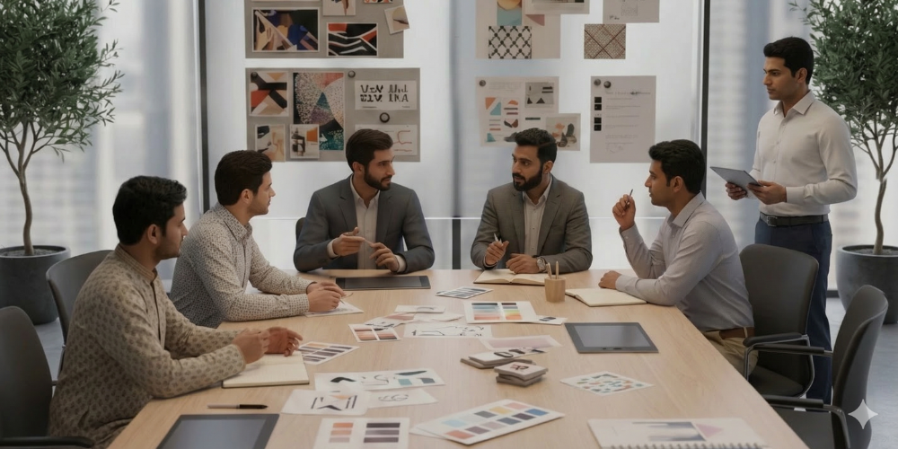 Mangalore business team reviewing brand identity design with branding agency