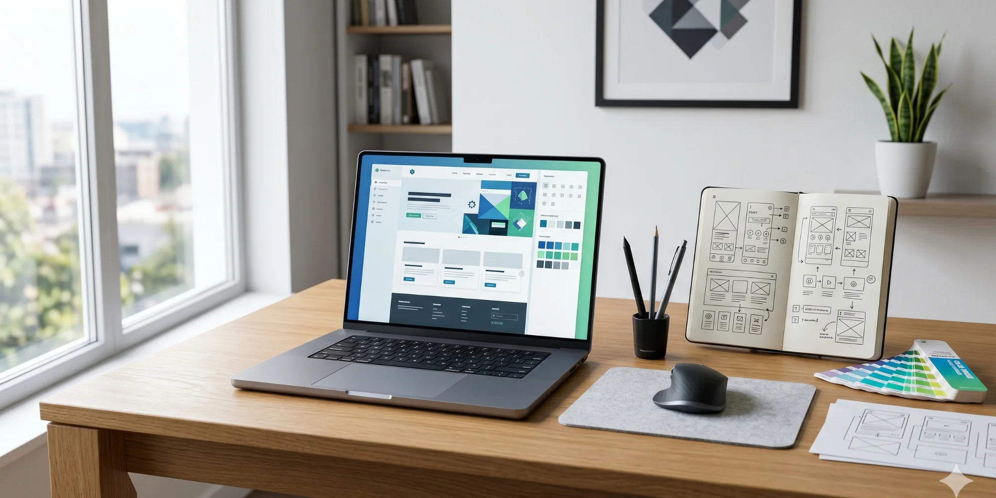 Modern minimalist workspace with laptop showing clean website design layout and UI elements