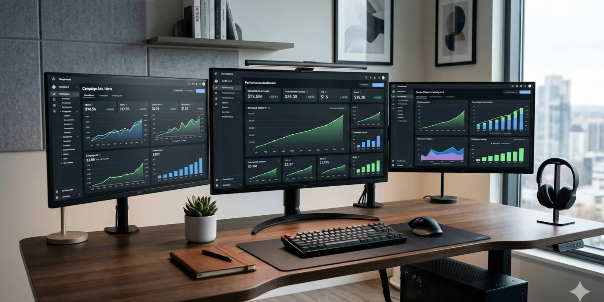 Digital marketing workspace with paid advertising dashboards and growth analytics charts