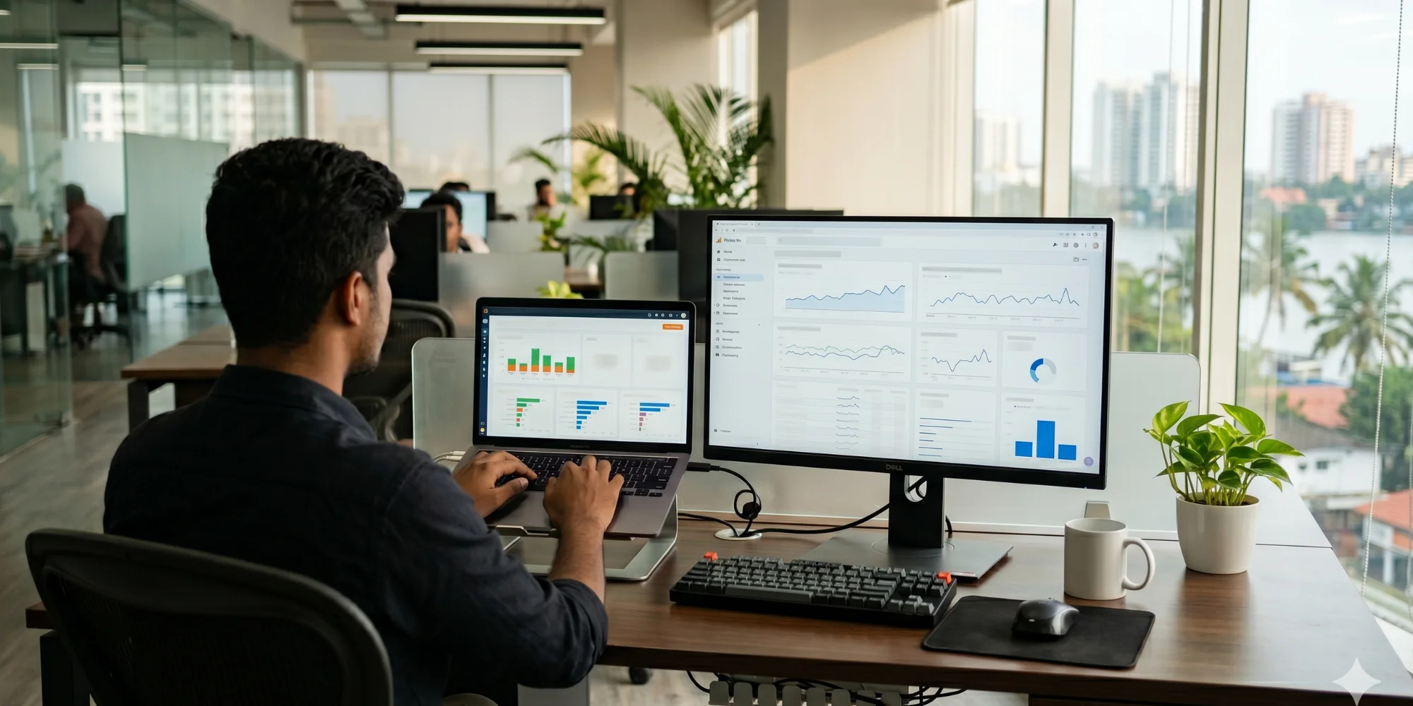 Male professional analyzing SEO and digital marketing performance in a modern workspace