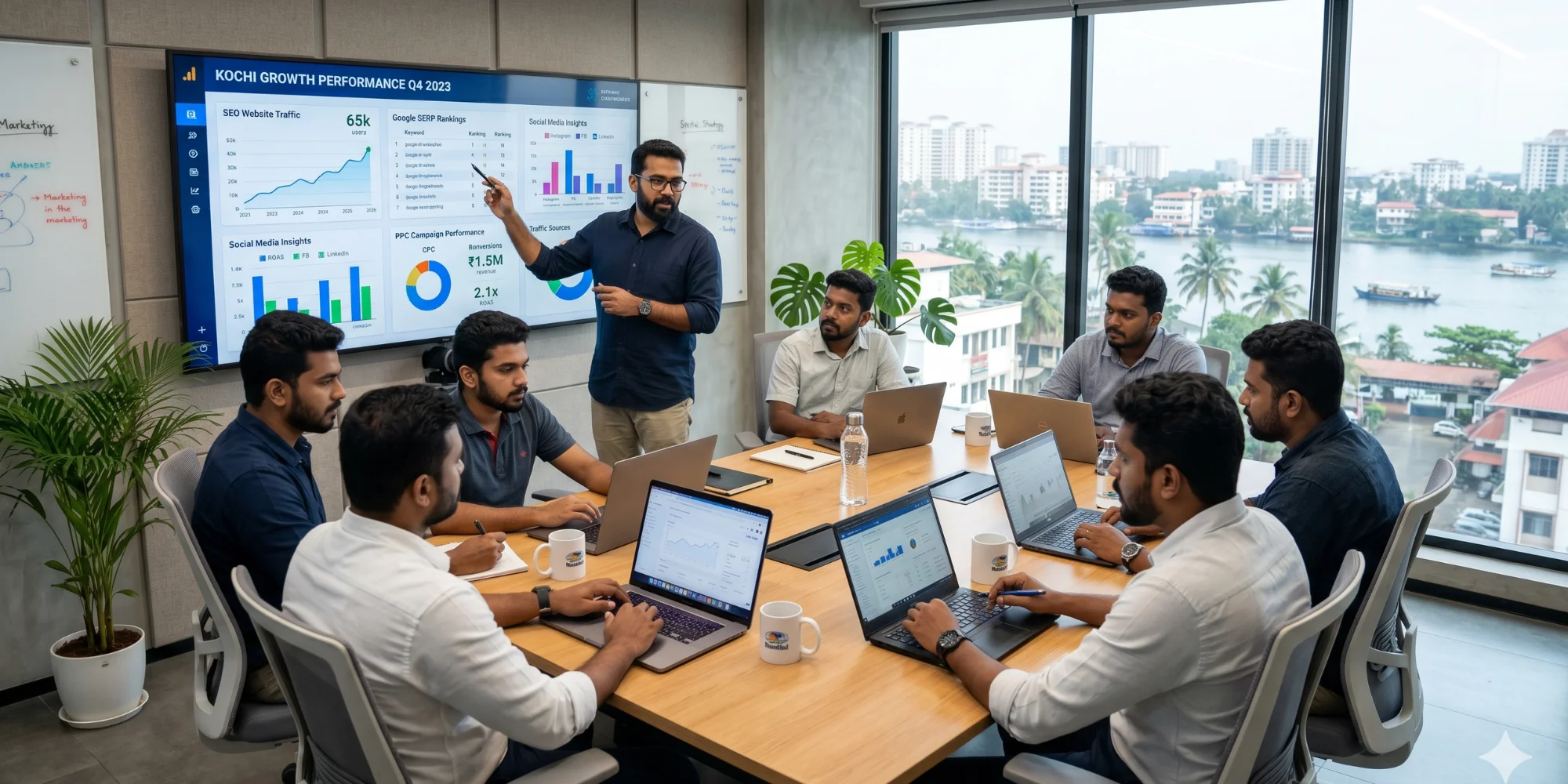 Male marketing team planning social media strategies with analytics and growth insights for business expansion in Kozhikode