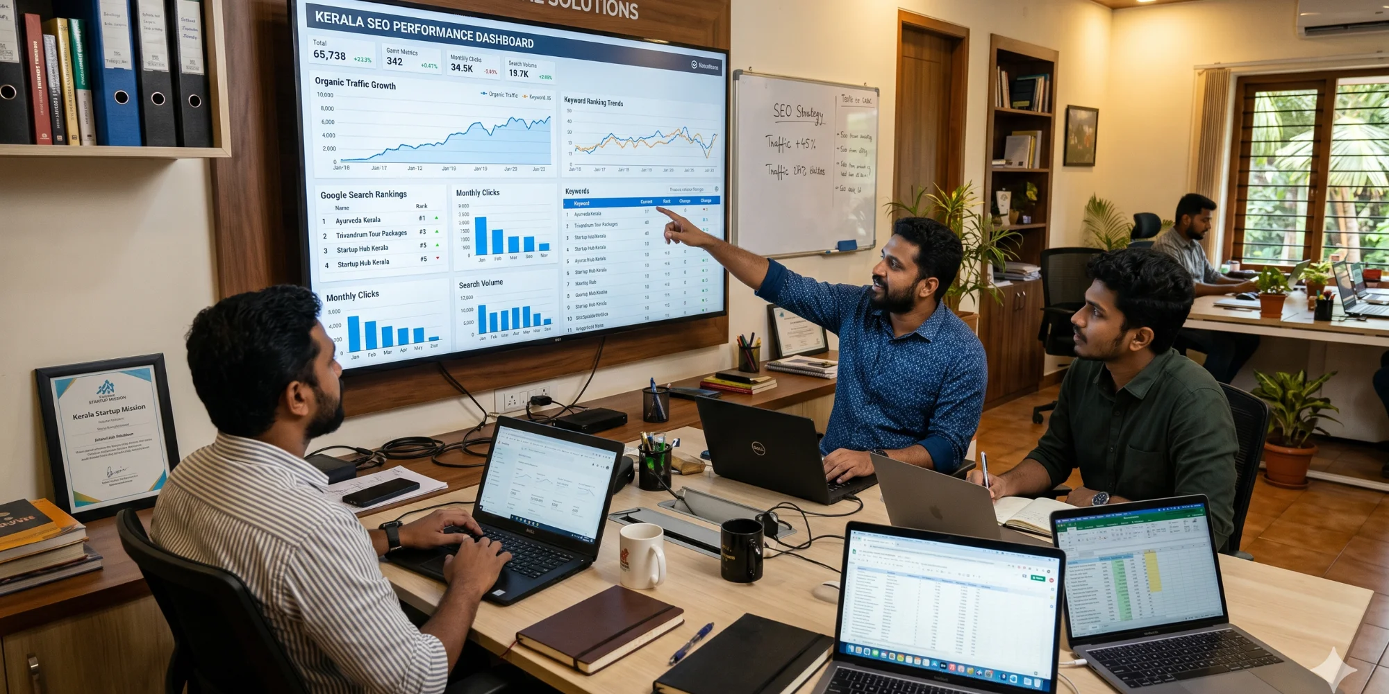Male entrepreneurs analyzing SEO data and Google rankings in a modern Thiruvananthapuram office