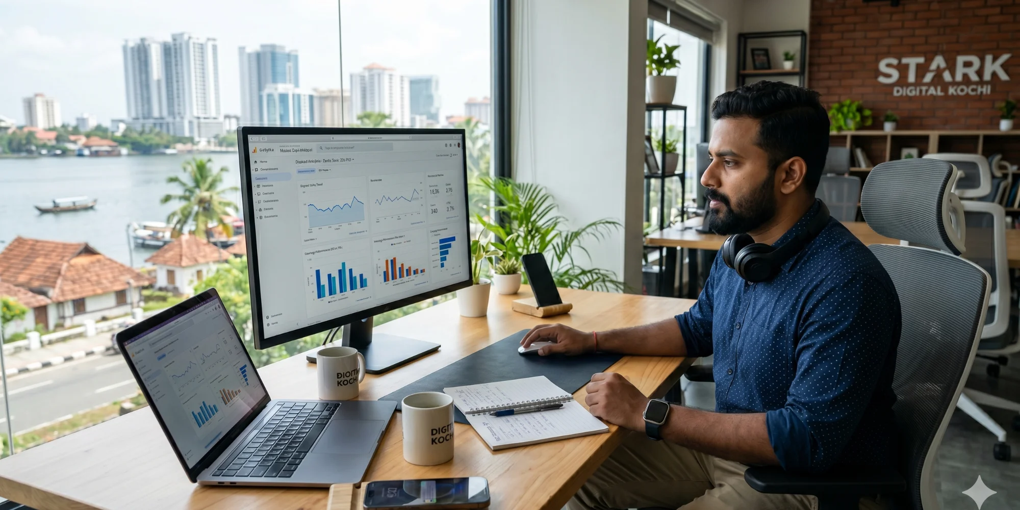Digital marketing mistakes in Kochi 2026 shown through male professional analyzing SEO data and online business performance