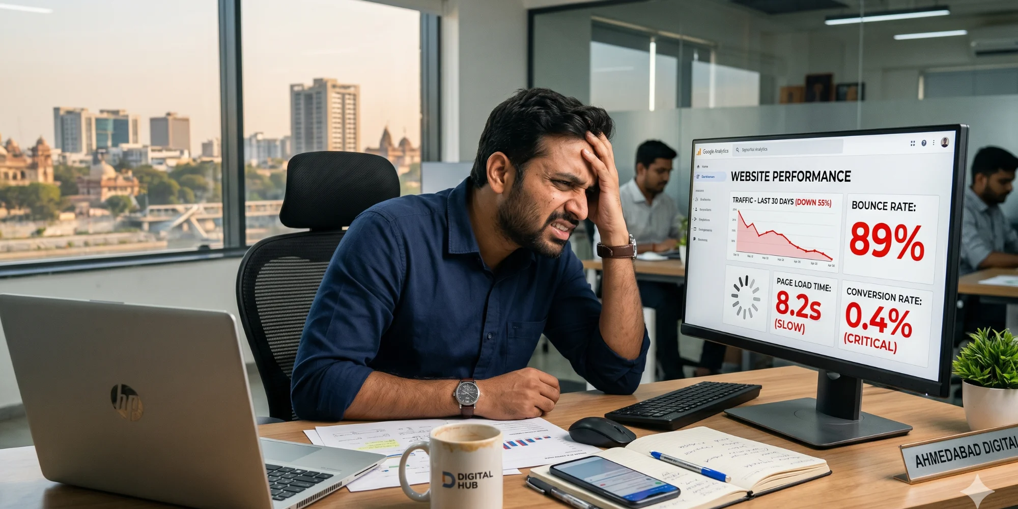 Ahmedabad business owner analyzing poor website performance with low traffic and high bounce rate on desktop screen