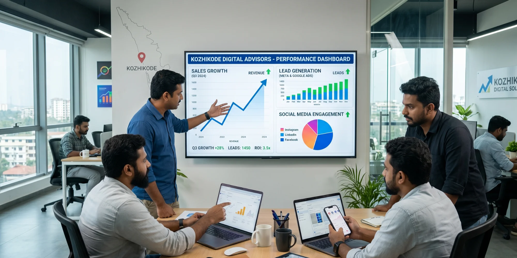 Social media marketing in Kozhikode showing lead generation strategies, analytics dashboard, and business sales growth