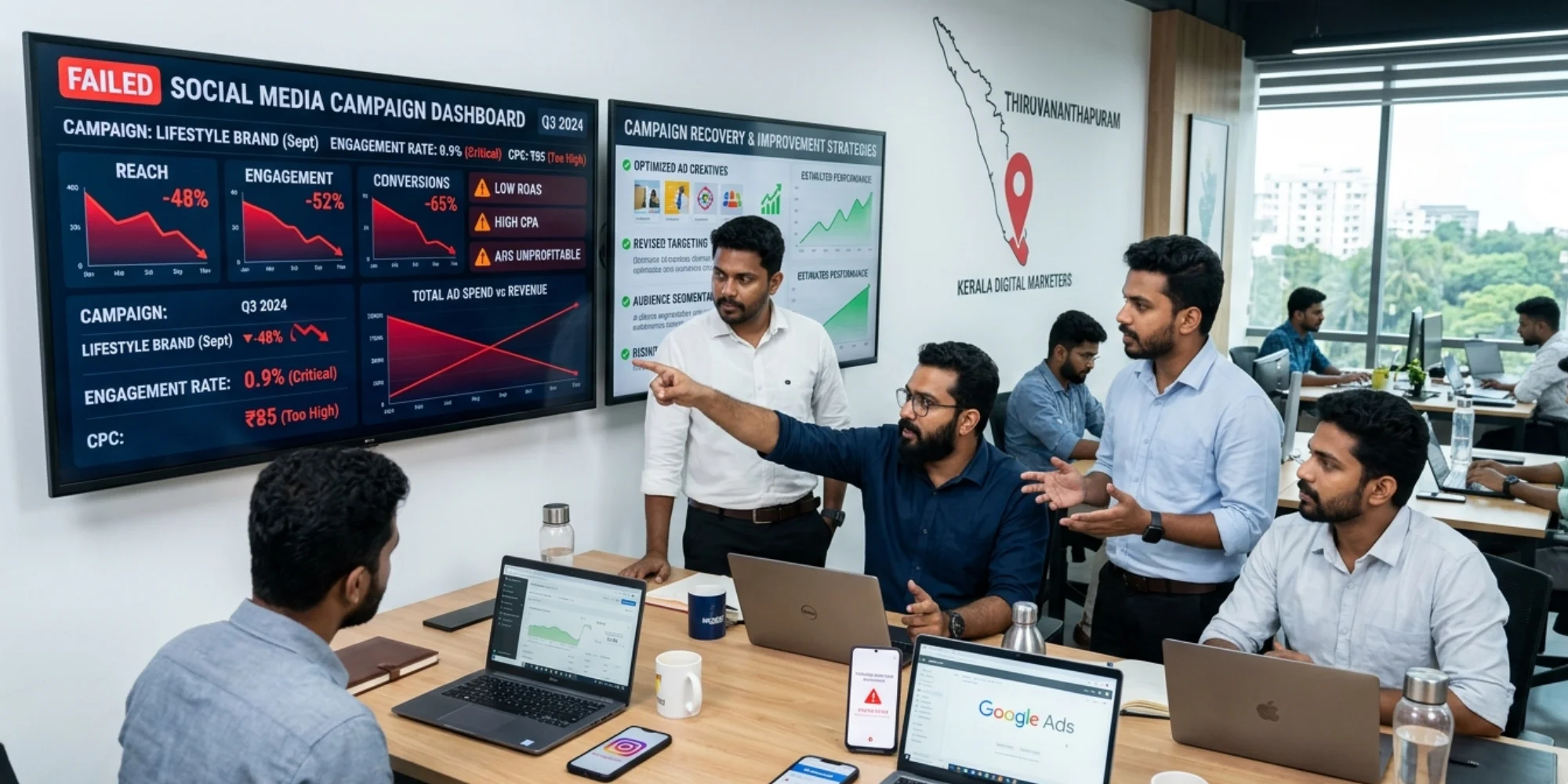 Social media marketing in Thiruvananthapuram showing failed campaigns, low engagement, and strategies to improve performance