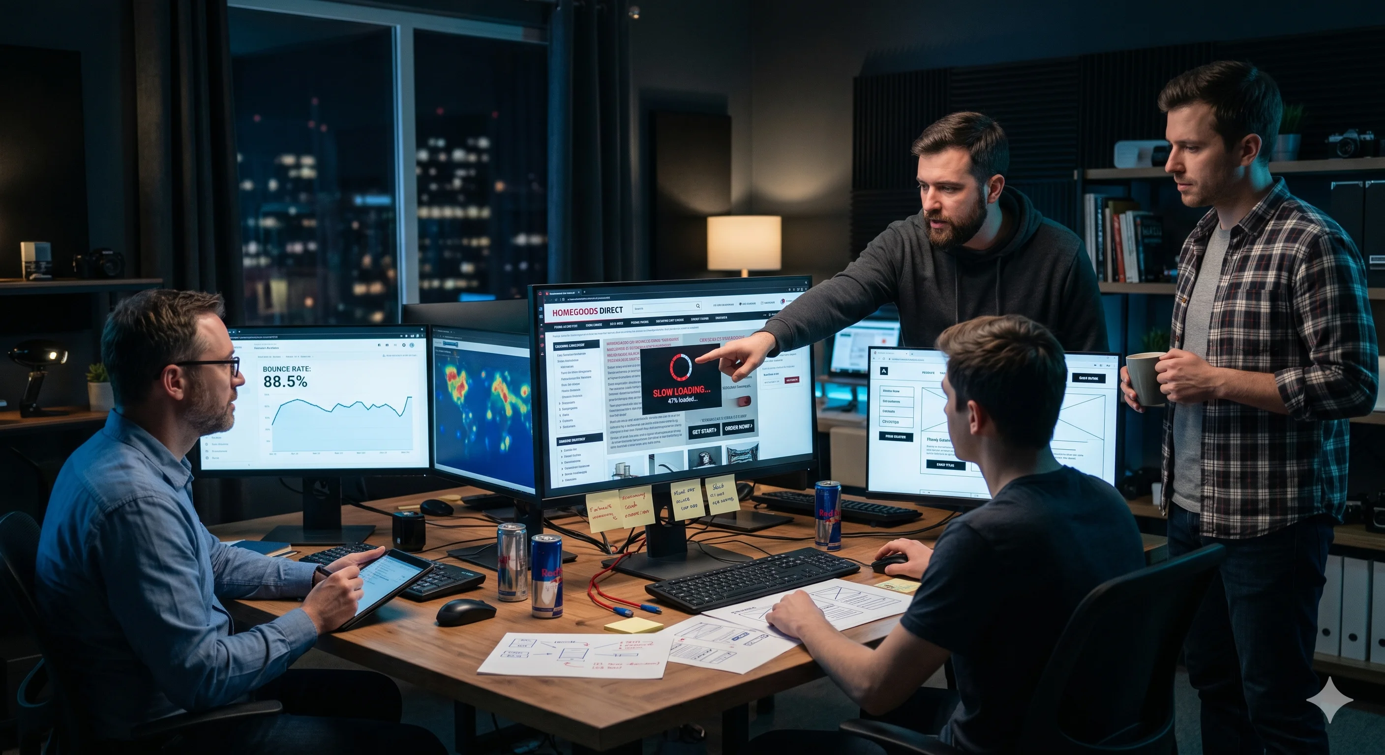 Male web design team reviewing website mistakes affecting conversions, including poor layout and user experience issues
