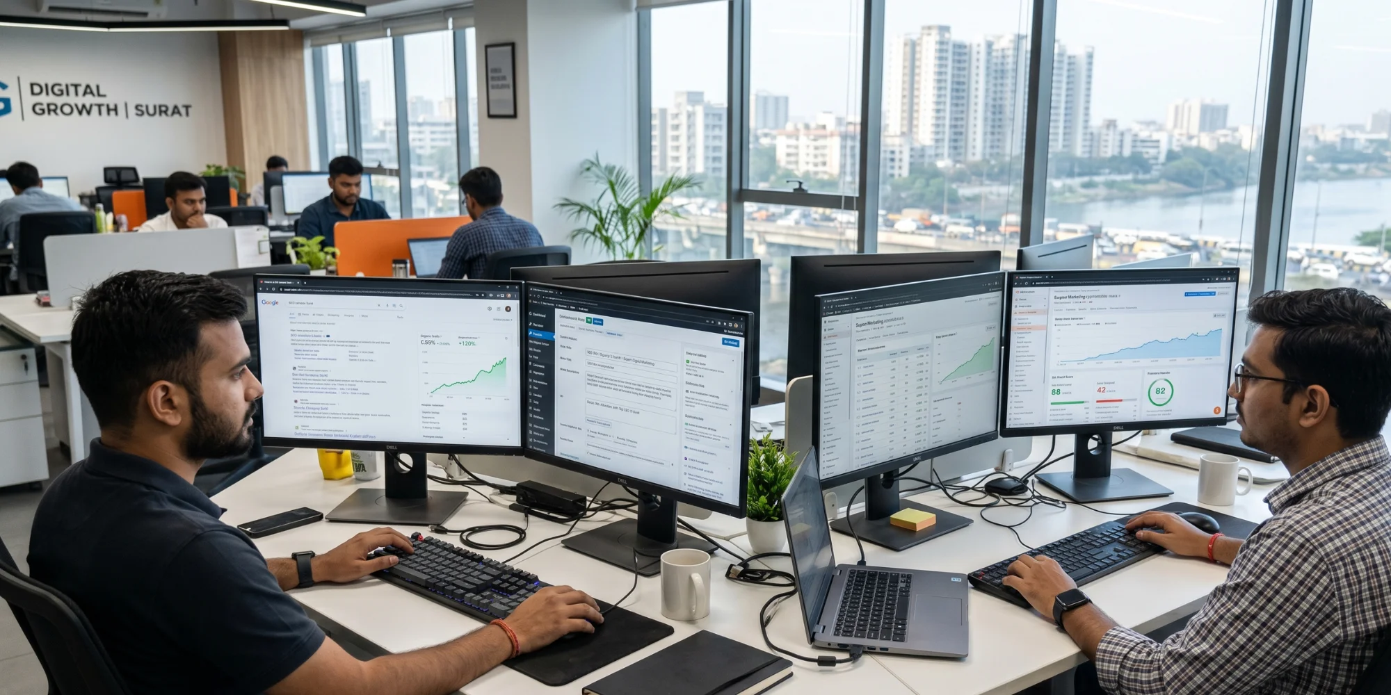 Male SEO experts improving website rankings with keyword research and optimization strategies for businesses in Surat