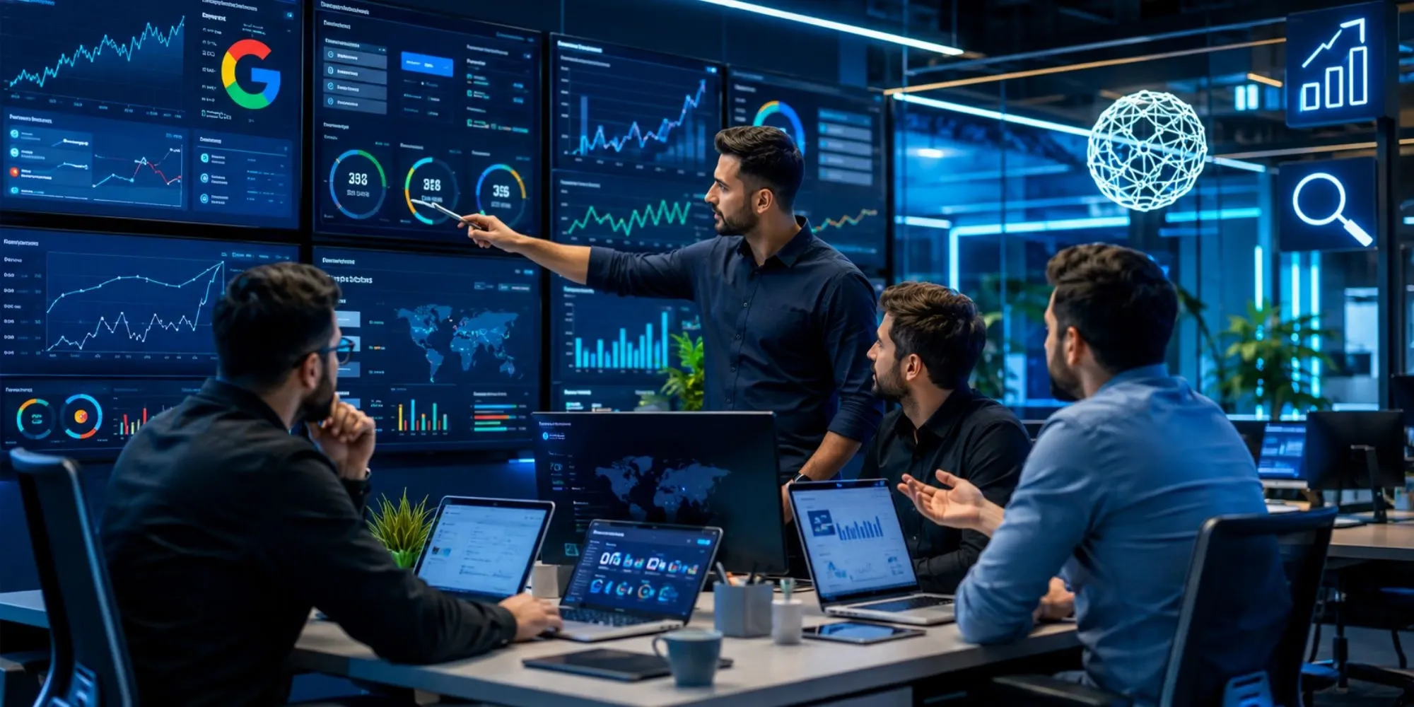 Social media marketing analytics team at work