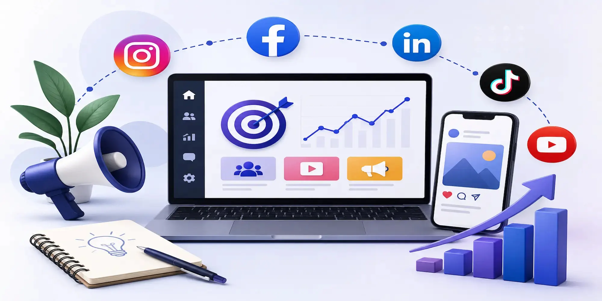 Social media marketing strategy and analytics illustration for business growth