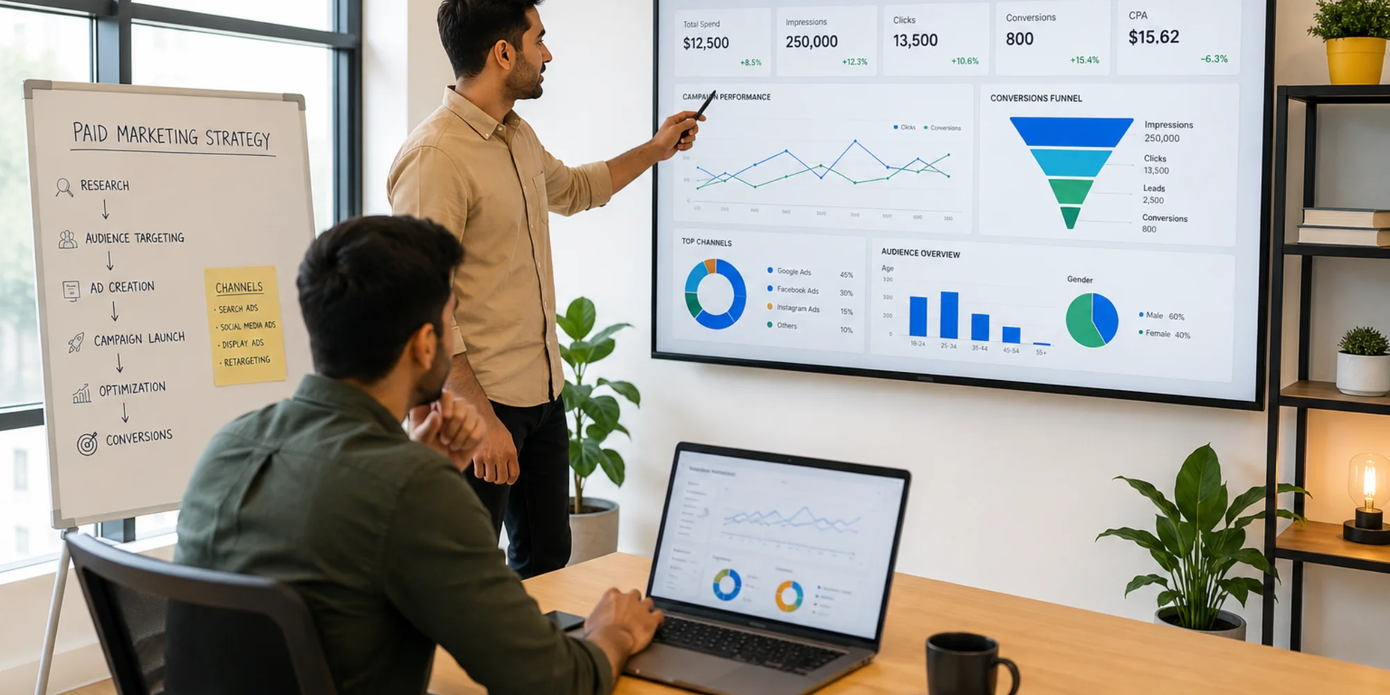 Paid marketing strategy with ad campaign analytics and digital advertising dashboard in a bright modern office.