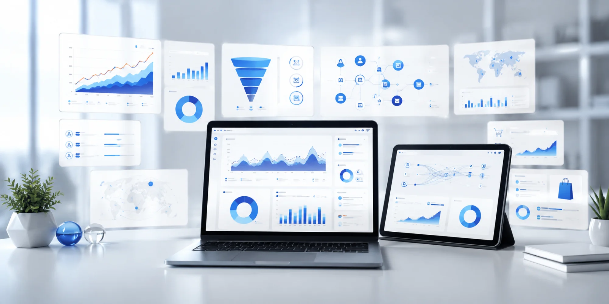GA4 tracking and digital marketing analytics banner with dashboard visuals, event tracking, conversion funnels, and performance insights.