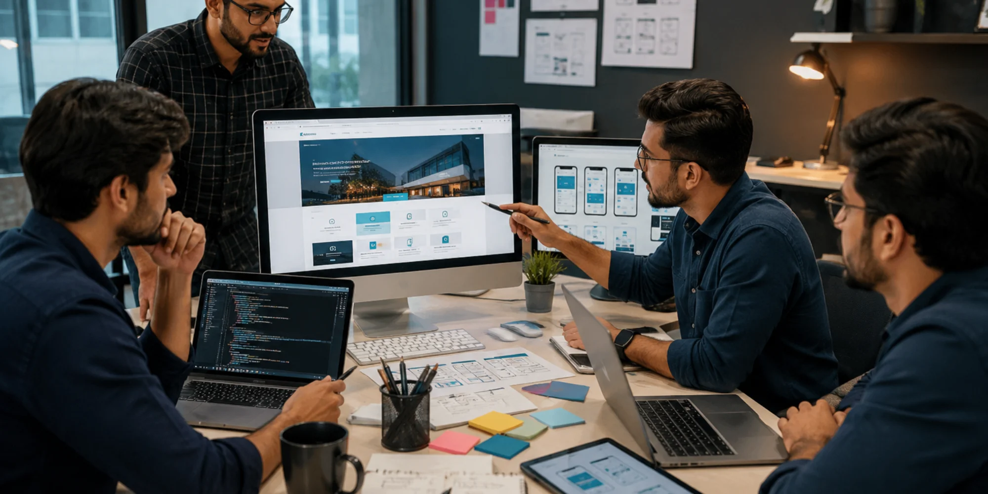 Male web design team collaborating on responsive website layout in a modern digital agency office