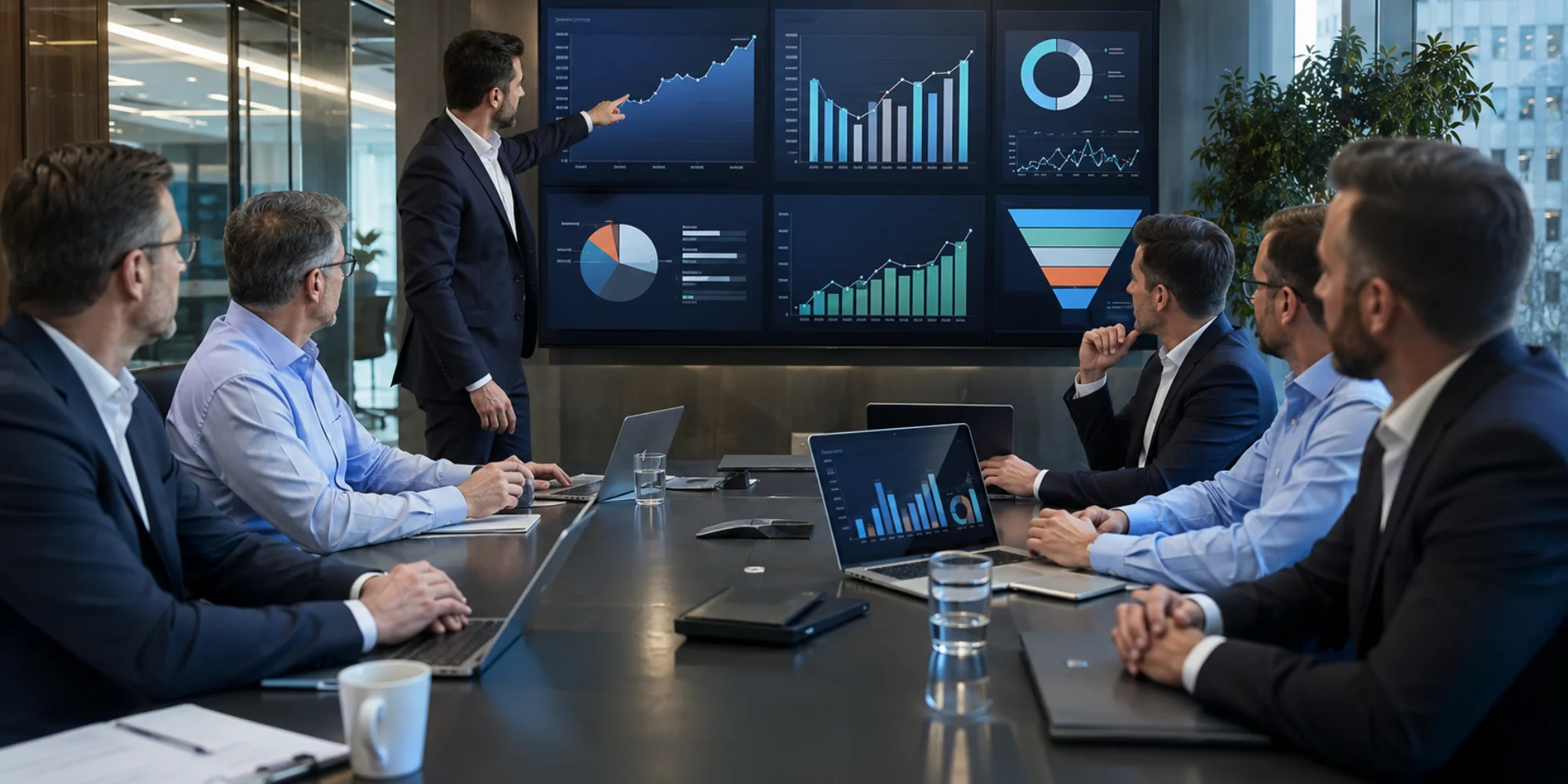 A team of male business executives and marketing analysts in a modern corporate office reviewing financial dashboards and performance data on large screens and laptops. The scene highlights revenue growth, ROI analysis, sales performance, customer acquisi