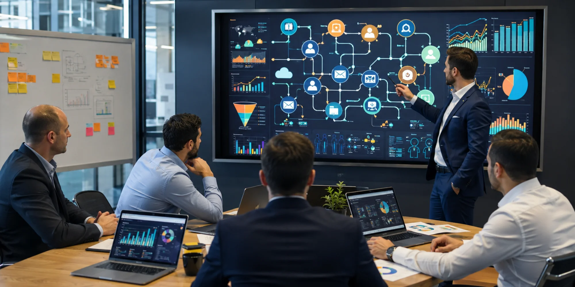 Male marketing professionals analyzing integrated digital marketing channels including SEO, social media, email marketing, content marketing, and analytics to improve business performance and customer engagement.