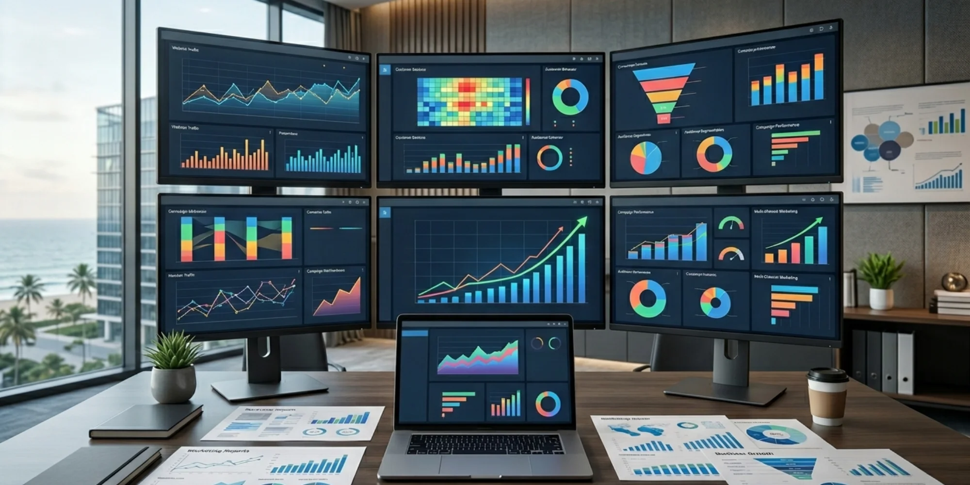 Data-driven digital marketing workspace displaying analytics dashboards, conversion funnels, ROI growth charts, and business performance insights for improved marketing results.
