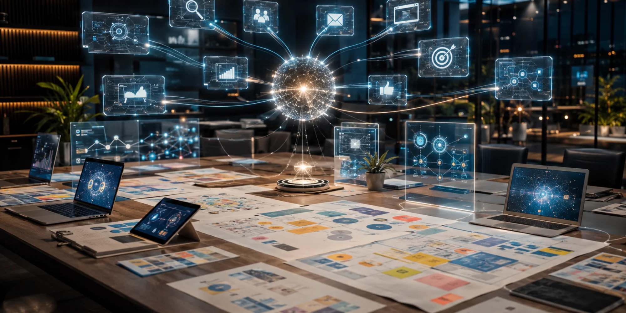 Futuristic digital marketing war room with interconnected holographic marketing channels, planning materials, laptops, and glowing data networks driving long-term business growth.