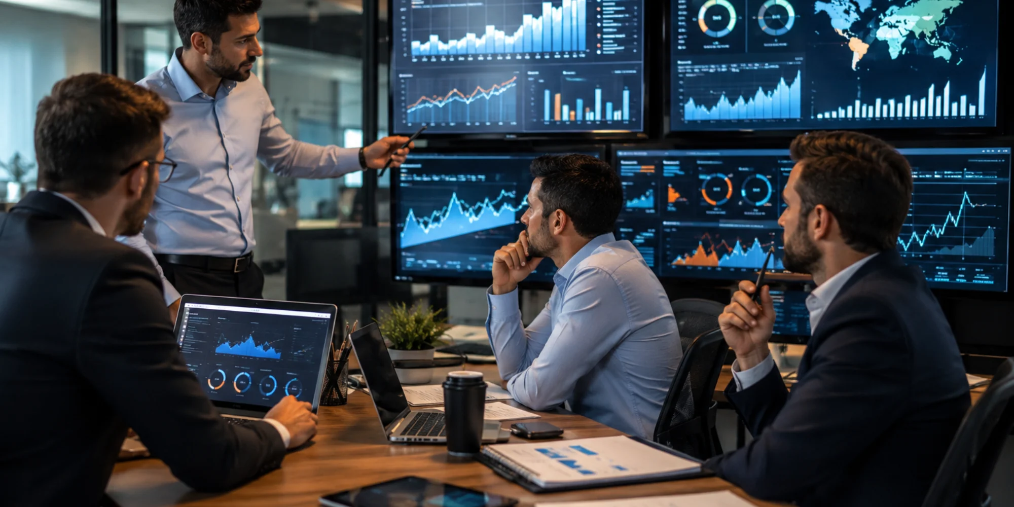 Professional digital marketing team analyzing business growth data on analytics dashboards in a modern office.
