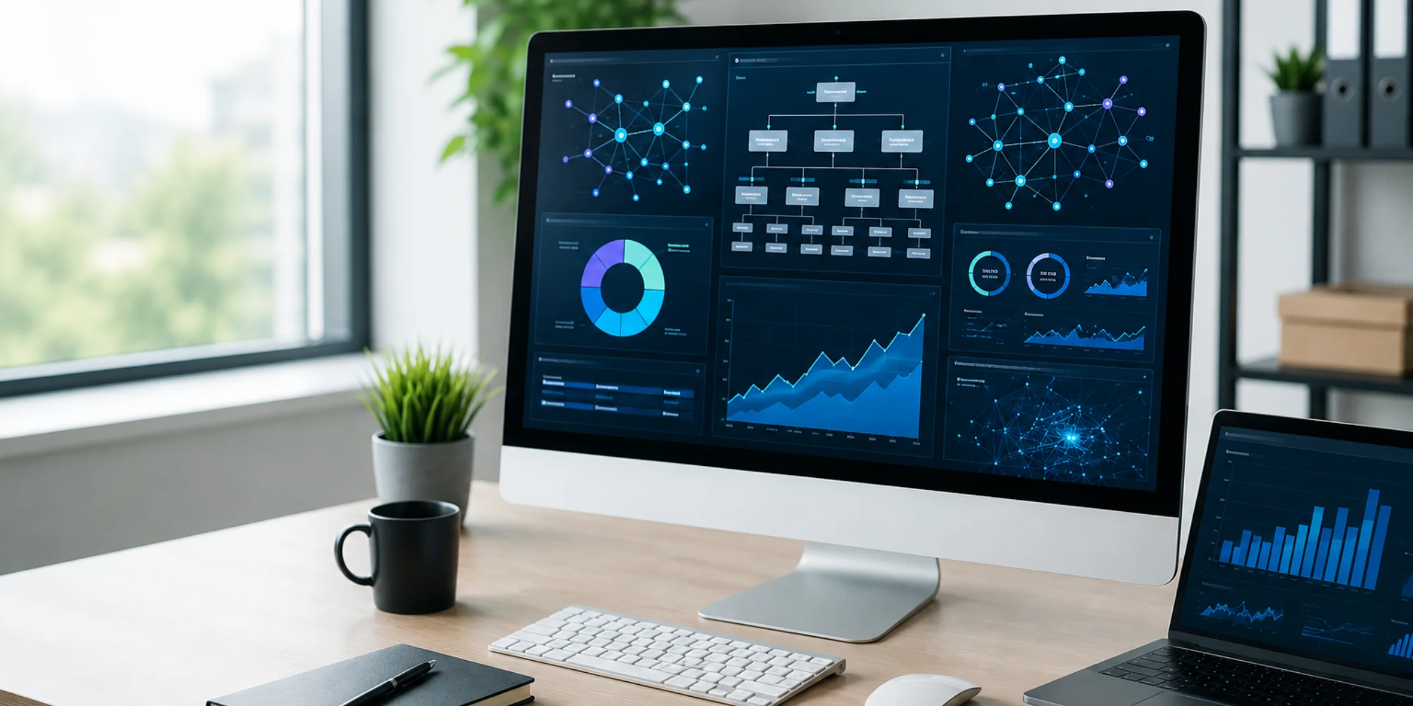 A modern digital marketing workspace with a large monitor displaying abstract SEO analytics, keyword mapping, website structure diagrams, and growth charts. The clean desk setup, natural lighting, and professional office environment create a bright, corpo