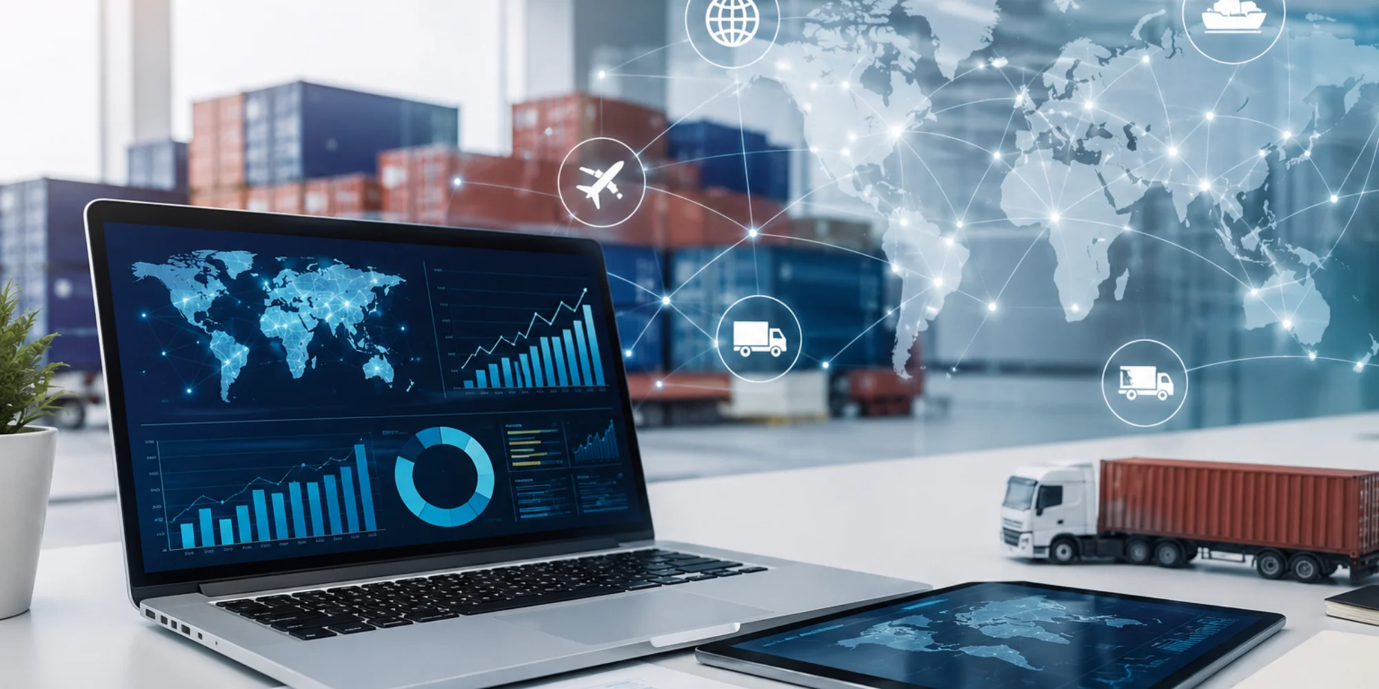 Global digital marketing and export business workspace featuring a laptop with analytics dashboards, world map network visuals, e-commerce growth charts, shipping containers, cargo logistics elements, and digital communication icons in a bright modern off