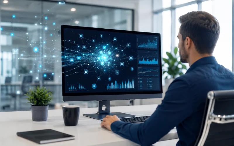 Bright modern office workspace with a sleek computer displaying AI networks, digital data streams, and analytics visuals. A professional works at a clean white desk in a futuristic, technology-driven environment filled with natural daylight.