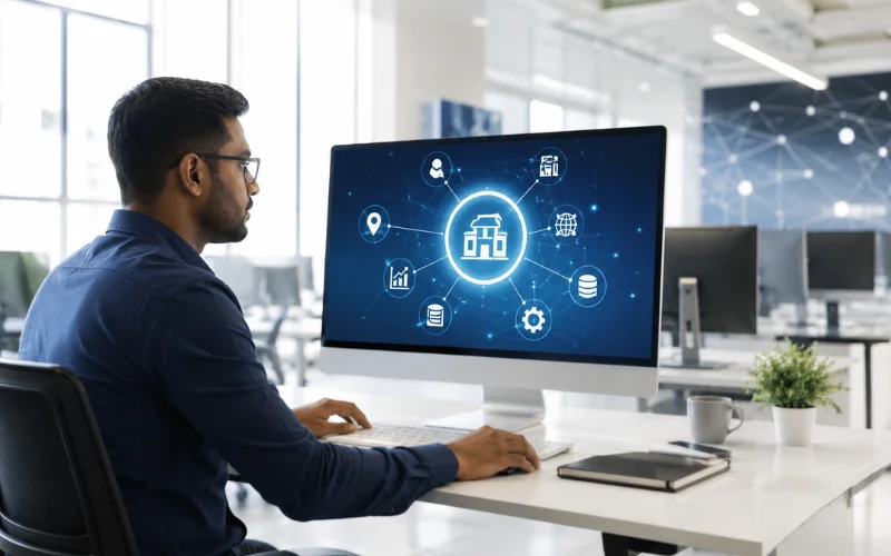 Male professional working on a digital business automation dashboard in a modern office.