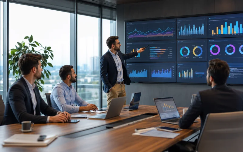 Professional male digital marketing team analyzing SEO analytics, social media performance metrics, and business growth data on large screens in a modern corporate office with laptops, conference table discussions, natural lighting, and a technology-drive