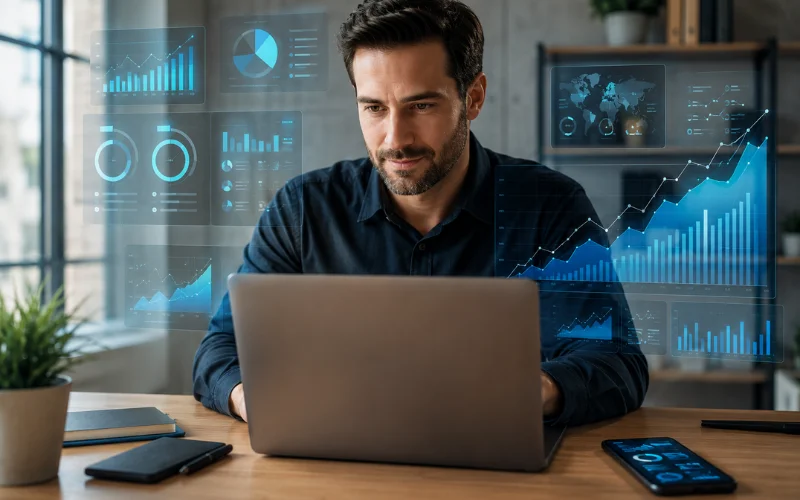 Male entrepreneur analyzing digital marketing growth on a laptop with analytics dashboards and social media metrics in a modern office.