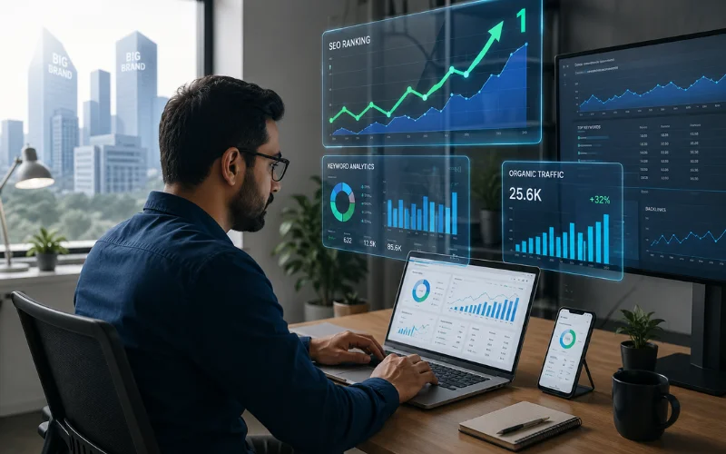 Small business owner reviewing SEO analytics and growth charts in a modern office.