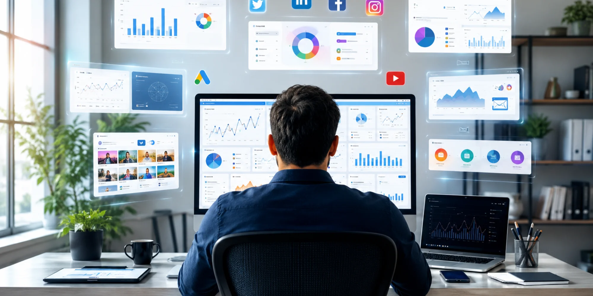 Modern digital marketing workspace with SEO analytics, business growth dashboards, and a professional working at a computer.
