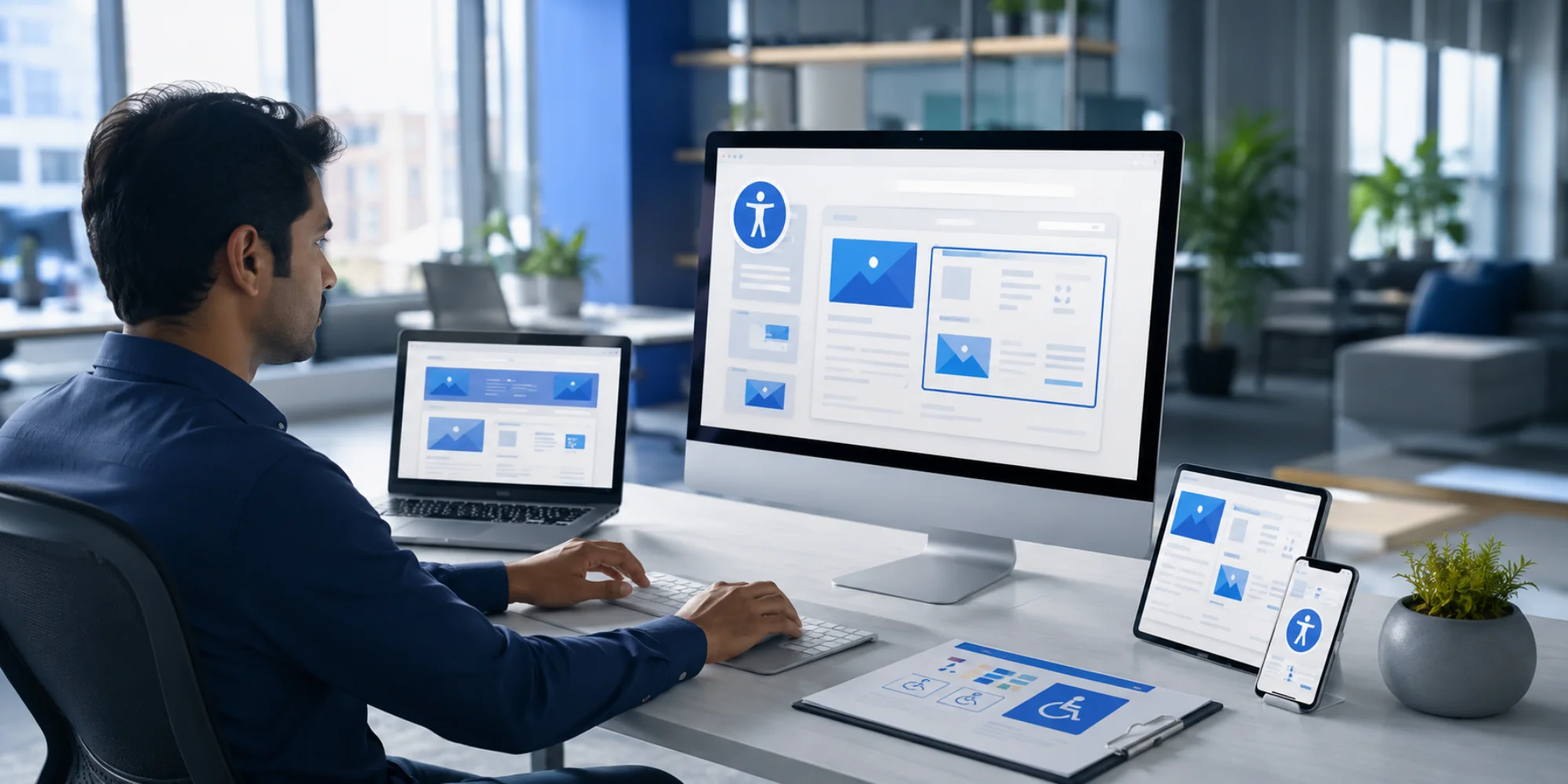 Business professional reviewing an accessible website interface on a desktop computer in a modern office, showcasing inclusive web design, responsive layouts, keyboard navigation, and accessibility best practices for businesses in 2026.