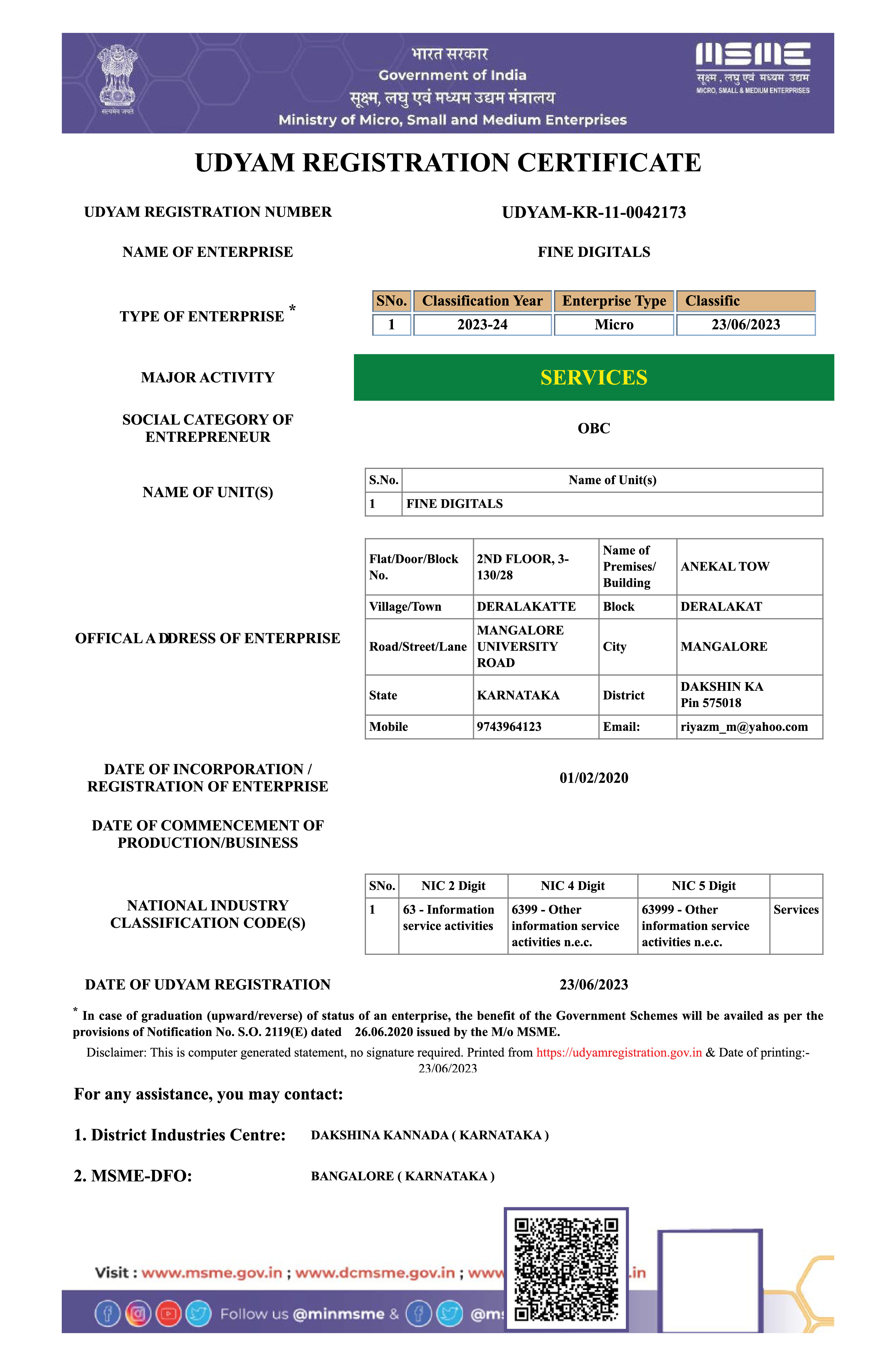 Fine Digitals UDYAM Registration Certificate